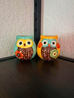 Set of 2 Colorful Ceramic Owl Figurines Hand Painted Woodland Cottagecore Decor
